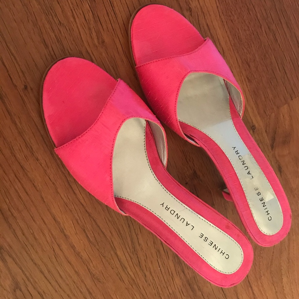 Chinese Laundry hot pink faux silk mules